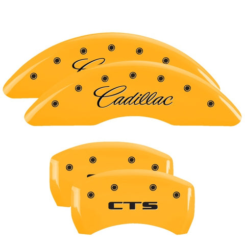 MGP 4 Caliper Covers Engraved Front Cursive/Cadillac Engraved Rear CTS Yellow finish black ch